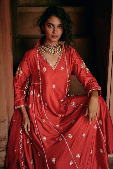 Paulmi And Harsh_Red Modal, Silk, Organza, Cotton Embroidery V-neck Hand Anarkali With Pant _Online_at_Aza_Fashions