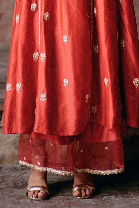 Buy_Paulmi And Harsh_Red Modal, Silk, Organza, Cotton Embroidery V-neck Hand Anarkali With Pant _Online_at_Aza_Fashions