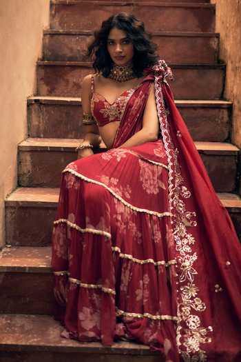 Paulmi And Harsh Red Chiffon, Chanderi Vintage Floral Print Pre-draped Saree With Blouse Online at Aza Fashions Paulmi And Harsh_Red Chiffon, Chanderi Vintage Floral Print Pre-draped Saree With Blouse _Online_at_Aza_Fashions