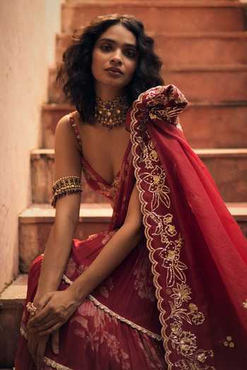 Buy Paulmi And Harsh Red Chiffon, Chanderi Vintage Floral Print Pre-draped Saree With Blouse Online at Aza Fashions Buy_Paulmi And Harsh_Red Chiffon, Chanderi Vintage Floral Print Pre-draped Saree With Blouse _Online_at_Aza_Fashions