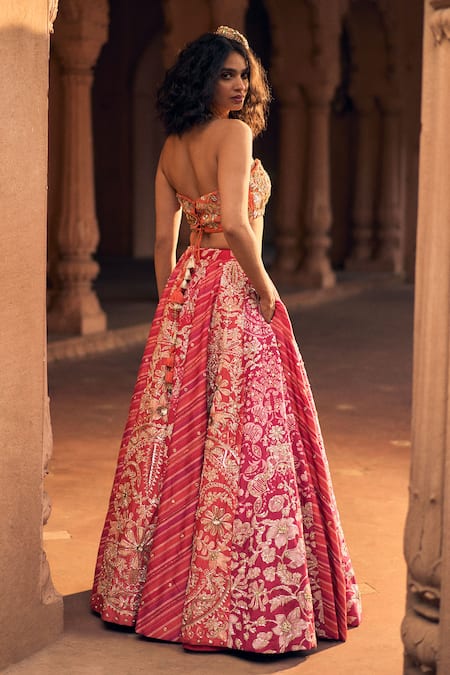 Paulmi And Harsh Floral Print Contrast Panelled Lehenga Set 
