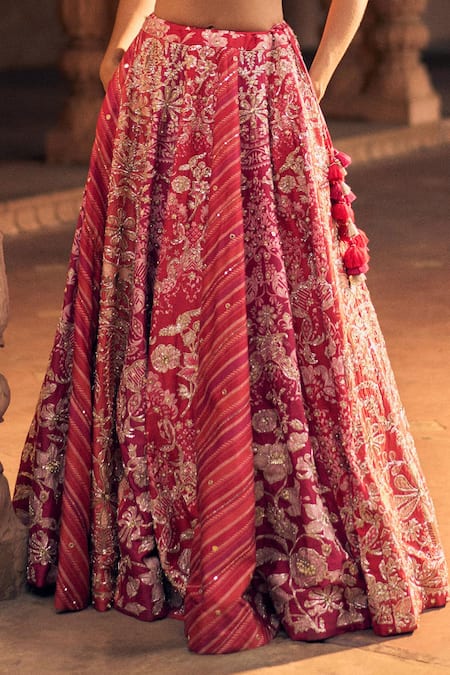 Buy_Paulmi And Harsh_Pink Chanderi, Satin, Organza Floral Print Contrast Panelled Lehenga Set _Online_at_Aza_Fashions