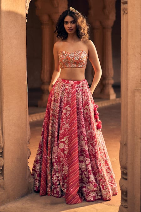 Shop_Paulmi And Harsh_Pink Chanderi, Satin, Organza Floral Print Contrast Panelled Lehenga Set _Online_at_Aza_Fashions
