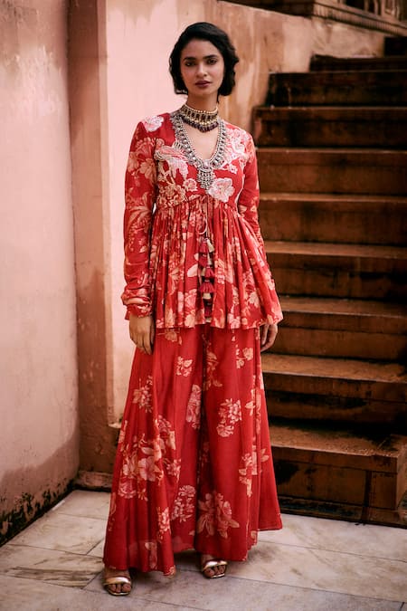 Paulmi and Harsh Red Tunic And Palazzo Chiniya Embroidery Roop Flip Birds Print Peplum With 