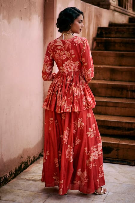 Paulmi And Harsh Red Chanderi Sequins, Embroidery Roop Flip Birds Print Peplum Tunic With Palazzo Online at Aza Fashions Paulmi And Harsh_Red Chanderi Sequins, Embroidery Roop Flip Birds Print Peplum Tunic With Palazzo _Online_at_Aza_Fashions