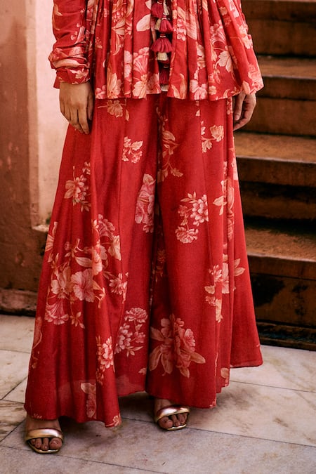 Buy Paulmi And Harsh Red Chanderi Sequins, Embroidery Roop Flip Birds Print Peplum Tunic With Palazzo Online at Aza Fashions Buy_Paulmi And Harsh_Red Chanderi Sequins, Embroidery Roop Flip Birds Print Peplum Tunic With Palazzo _Online_at_Aza_Fashions