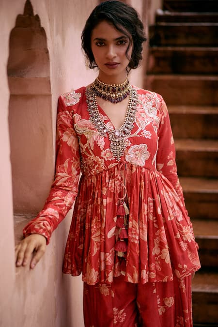 Shop Paulmi And Harsh Red Chanderi Sequins, Embroidery Roop Flip Birds Print Peplum Tunic With Palazzo Online at Aza Fashions Shop_Paulmi And Harsh_Red Chanderi Sequins, Embroidery Roop Flip Birds Print Peplum Tunic With Palazzo _Online_at_Aza_Fashions