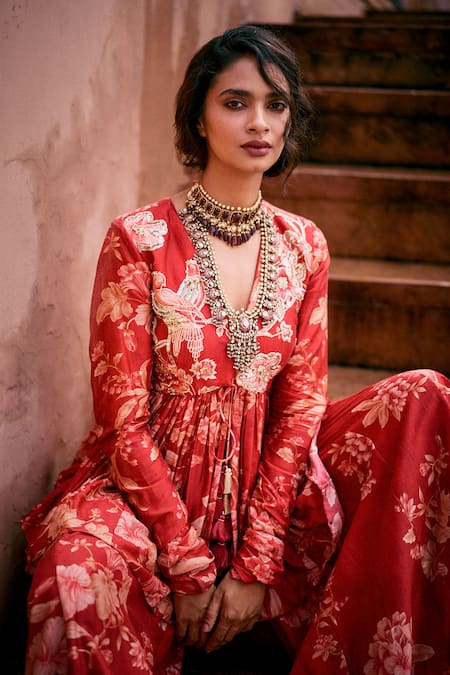 Paulmi And Harsh Red Chanderi Sequins, Embroidery Roop Flip Birds Print Peplum Tunic With Palazzo at Aza Fashions Paulmi And Harsh_Red Chanderi Sequins, Embroidery Roop Flip Birds Print Peplum Tunic With Palazzo _at_Aza_Fashions