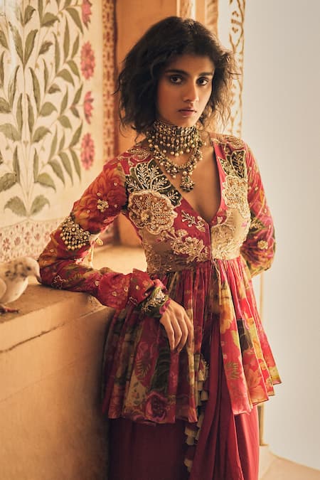 Paulmi And Harsh Hand Embroidered Yoke Peplum Tunic With Skirt 