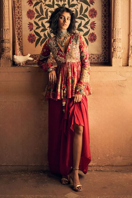 Buy_Paulmi And Harsh_Red Crepe, Linen Sequins, Embroidery V-neck Hand Yoke Peplum Tunic With Skirt _Online_at_Aza_Fashions