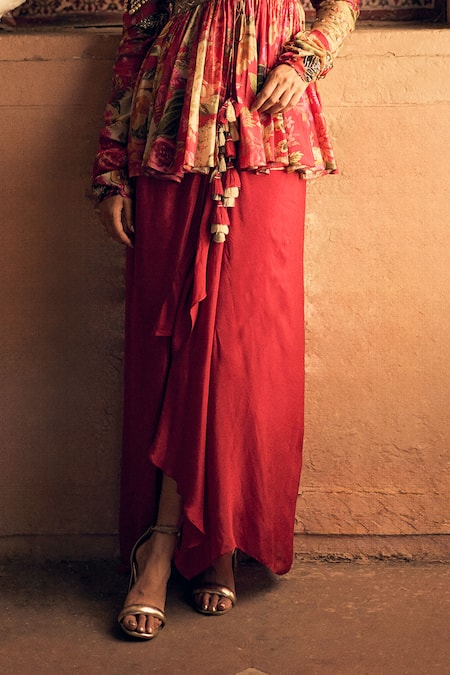 Shop_Paulmi And Harsh_Red Crepe, Linen Sequins, Embroidery V-neck Hand Yoke Peplum Tunic With Skirt _Online_at_Aza_Fashions