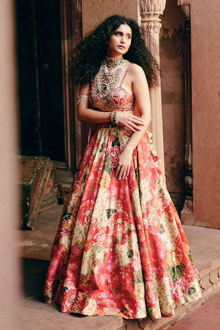 Paulmi and Harsh Red Lehenga And Blouse Chiniya Embroidery Sequins Floral Blossom Print Set 