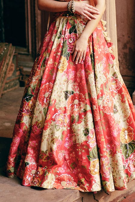 Buy_Paulmi And Harsh_Red , Silk Embroidery, Floral Blossom Print Lehenga Set _Online_at_Aza_Fashions