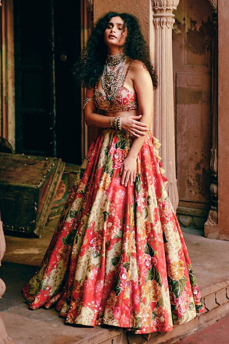 Shop_Paulmi And Harsh_Red , Silk Embroidery, Floral Blossom Print Lehenga Set _Online_at_Aza_Fashions