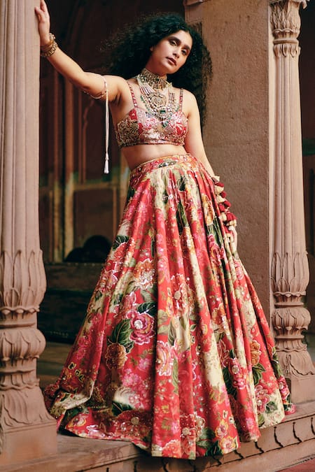 Paulmi And Harsh_Red , Silk Embroidery, Floral Blossom Print Lehenga Set _at_Aza_Fashions