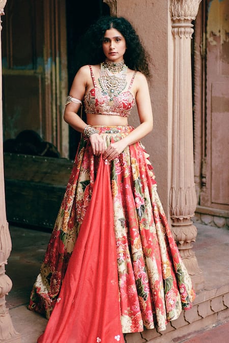 Buy_Paulmi And Harsh_Red , Silk Embroidery, Floral Blossom Print Lehenga Set 