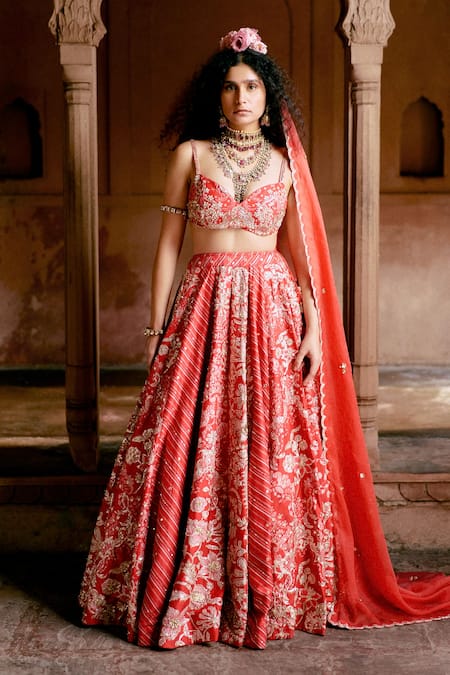 Paulmi and Harsh Red Corset And Lehenga Chiniya Embroidery Leheriya Floral Blossom Set 