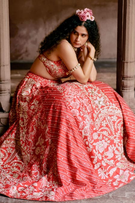 Paulmi And Harsh Red Chanderi, Organza Embroidery, Sequins Sweetheart Floral Blossom Lehenga Set Online at Aza Fashions Paulmi And Harsh_Red Chanderi, Organza Embroidery, Sequins Sweetheart Floral Blossom Lehenga Set _Online_at_Aza_Fashions