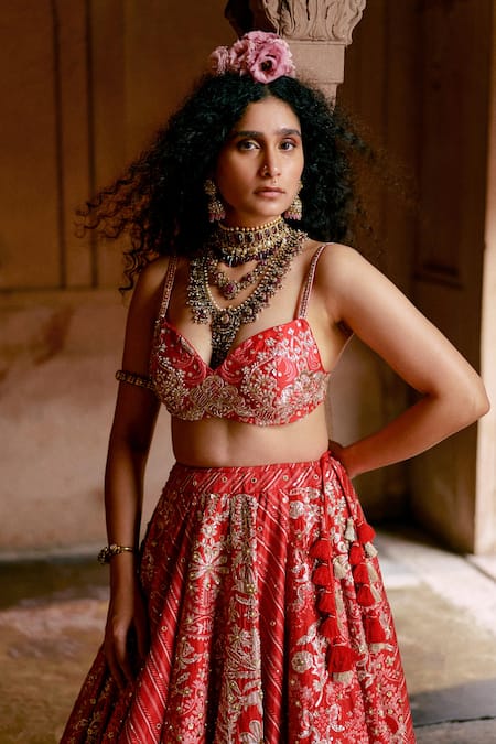 Shop Paulmi And Harsh Red Chanderi, Organza Embroidery, Sequins Sweetheart Floral Blossom Lehenga Set Online at Aza Fashions Shop_Paulmi And Harsh_Red Chanderi, Organza Embroidery, Sequins Sweetheart Floral Blossom Lehenga Set _Online_at_Aza_Fashions