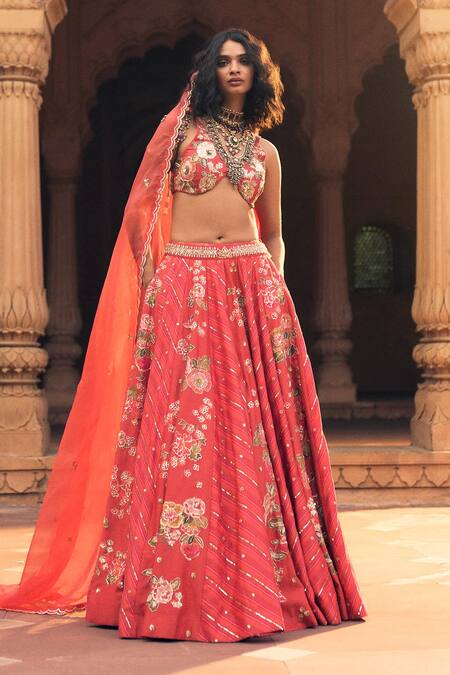 Paulmi And Harsh_Red , Organza, Chanderi Embroidery, Abstract Floral Print Lehenga Set _Online_at_Aza_Fashions