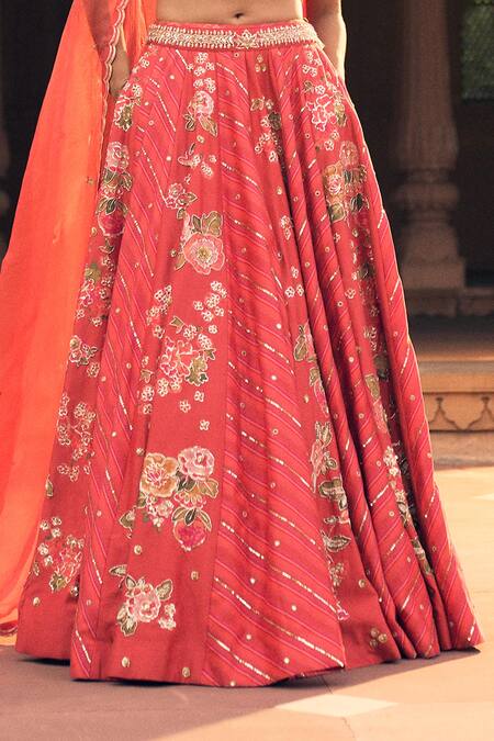 Buy_Paulmi And Harsh_Red , Organza, Chanderi Embroidery, Abstract Floral Print Lehenga Set _Online_at_Aza_Fashions