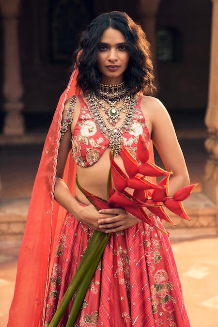 Shop_Paulmi And Harsh_Red , Organza, Chanderi Embroidery, Abstract Floral Print Lehenga Set _Online_at_Aza_Fashions
