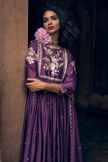 Paulmi And Harsh_Purple Modal, Silk, Linen Embroidery Round Neck Floral Hand Anarkali Pant Set _Online_at_Aza_Fashions