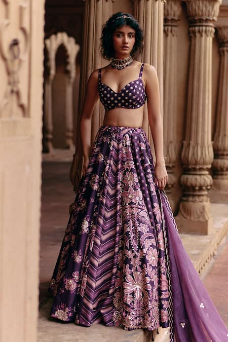 Paulmi and Harsh Purple Lehenga And Blouse Chiniya Silk Embroidery Floral Sequin Panelled Set 