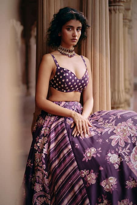 Paulmi And Harsh_Purple Silk, Brocade Sequins Sweetheart Floral Embroidered Panelled Lehenga Set _Online_at_Aza_Fashions
