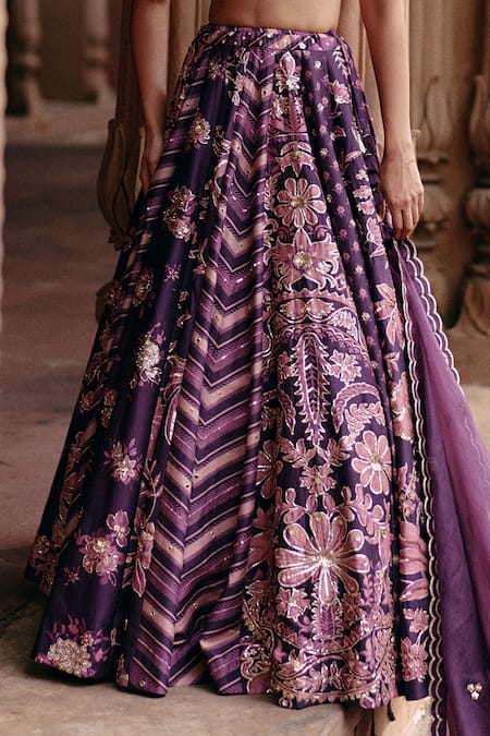 Buy_Paulmi And Harsh_Purple Silk, Brocade Sequins Sweetheart Floral Embroidered Panelled Lehenga Set _Online_at_Aza_Fashions