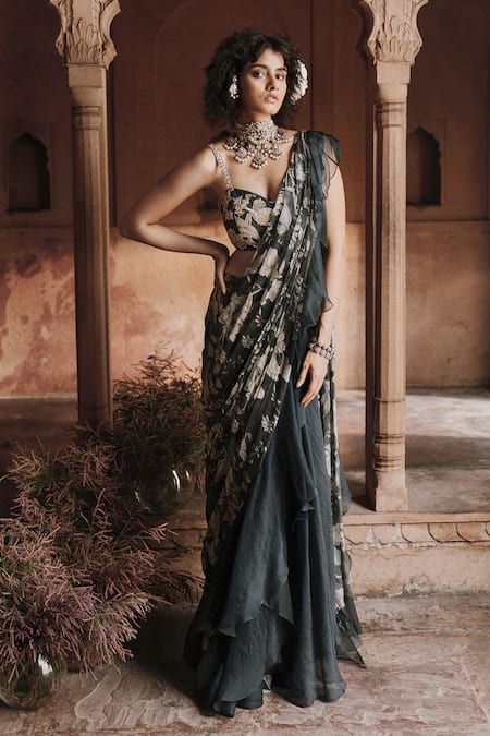 Paulmi and Harsh Roop Flip Birds Print Pre-Draped Saree & Blouse Set 