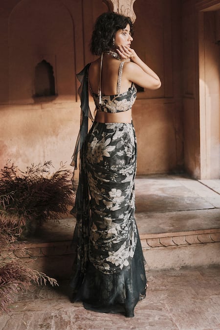 Paulmi And Harsh Blue Chiffon, Chanderi Silk Roop Flip Birds Print Pre-draped Saree And Blouse Set Online at Aza Fashions Paulmi And Harsh_Blue Chiffon, Chanderi Silk Roop Flip Birds Print Pre-draped Saree And Blouse Set _Online_at_Aza_Fashions