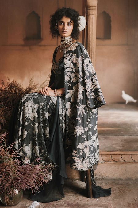 Buy Paulmi And Harsh Blue Chiffon, Chanderi Silk Roop Flip Birds Print Pre-draped Saree And Blouse Set Online at Aza Fashions Buy_Paulmi And Harsh_Blue Chiffon, Chanderi Silk Roop Flip Birds Print Pre-draped Saree And Blouse Set _Online_at_Aza_Fashions