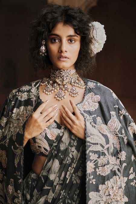 Shop Paulmi And Harsh Blue Chiffon, Chanderi Silk Roop Flip Birds Print Pre-draped Saree And Blouse Set Online at Aza Fashions Shop_Paulmi And Harsh_Blue Chiffon, Chanderi Silk Roop Flip Birds Print Pre-draped Saree And Blouse Set _Online_at_Aza_Fashions