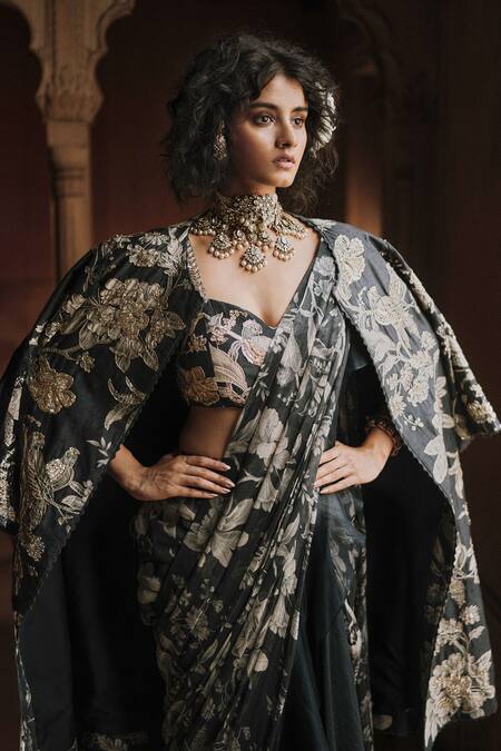 Paulmi And Harsh Blue Chiffon, Chanderi Silk Roop Flip Birds Print Pre-draped Saree And Blouse Set at Aza Fashions Paulmi And Harsh_Blue Chiffon, Chanderi Silk Roop Flip Birds Print Pre-draped Saree And Blouse Set _at_Aza_Fashions