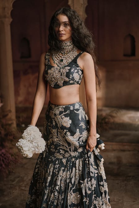 Shop_Paulmi And Harsh_Black Chiffon, Crepe Embroidery, Sequins Scoop Neck Hand Fish Cut Lehenga Set _Online_at_Aza_Fashions