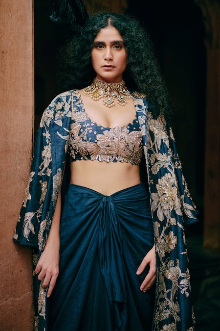 Buy_Paulmi And Harsh_Blue Chiffon, Lace, Chanderi Embroidery, Sequins, Flower Hand Jacket And Skirt _Online_at_Aza_Fashions