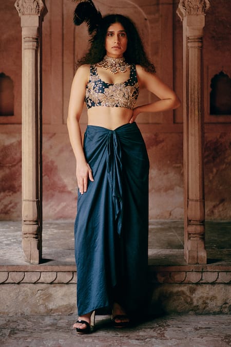 Shop_Paulmi And Harsh_Blue Chiffon, Lace, Chanderi Embroidery, Sequins, Flower Hand Jacket And Skirt _Online_at_Aza_Fashions