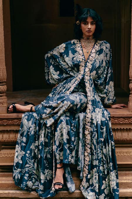 Buy_Paulmi And Harsh_Blue Crepe, Lace Embroidery V-neck Flower Blossom Print Kaftan With Pant _Online_at_Aza_Fashions