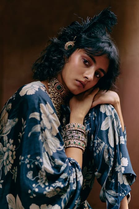 Shop_Paulmi And Harsh_Blue Crepe, Lace Embroidery V-neck Flower Blossom Print Kaftan With Pant _Online_at_Aza_Fashions