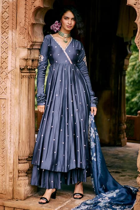 Paulmi and Harsh Blue Modal Silk Print Zardozi V Neck Butti Embroidered Anarkali Skirt Set 