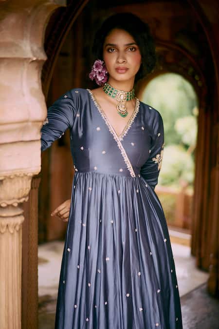 Paulmi And Harsh_Blue Modal, Silk, Organza, Satin Embroidery Zardozi Butti Anarkali Skirt Set _Online_at_Aza_Fashions