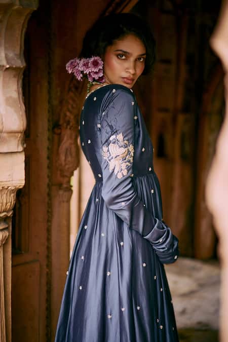 Buy_Paulmi And Harsh_Blue Modal, Silk, Organza, Satin Embroidery Zardozi Butti Anarkali Skirt Set _Online_at_Aza_Fashions