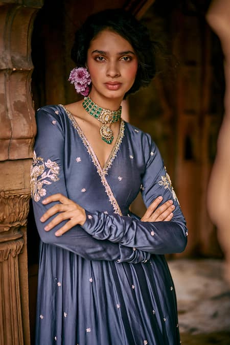 Shop_Paulmi And Harsh_Blue Modal, Silk, Organza, Satin Embroidery Zardozi Butti Anarkali Skirt Set _Online_at_Aza_Fashions