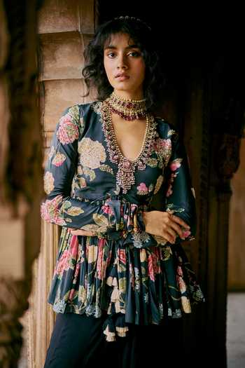 Shop Paulmi And Harsh Black Crepe, Georgette, Vintage Floral Bloom Print Peplum Tunic With Palazzo Online at Aza Fashions Shop_Paulmi And Harsh_Black Crepe, Georgette, Vintage Floral Bloom Print Peplum Tunic With Palazzo _Online_at_Aza_Fashions