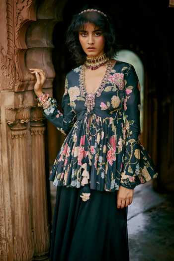 Paulmi And Harsh Black Crepe, Georgette, Vintage Floral Bloom Print Peplum Tunic With Palazzo at Aza Fashions Paulmi And Harsh_Black Crepe, Georgette, Vintage Floral Bloom Print Peplum Tunic With Palazzo _at_Aza_Fashions