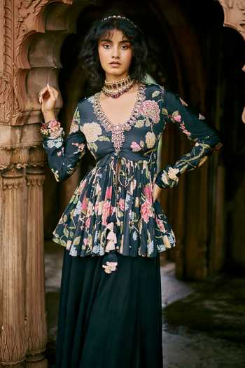 Buy Paulmi And Harsh Black Crepe, Georgette, Vintage Floral Bloom Print Peplum Tunic With Palazzo Buy_Paulmi And Harsh_Black Crepe, Georgette, Vintage Floral Bloom Print Peplum Tunic With Palazzo