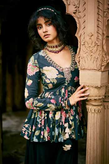 Shop Paulmi And Harsh Black Crepe, Georgette, Vintage Floral Bloom Print Peplum Tunic With Palazzo Shop_Paulmi And Harsh_Black Crepe, Georgette, Vintage Floral Bloom Print Peplum Tunic With Palazzo