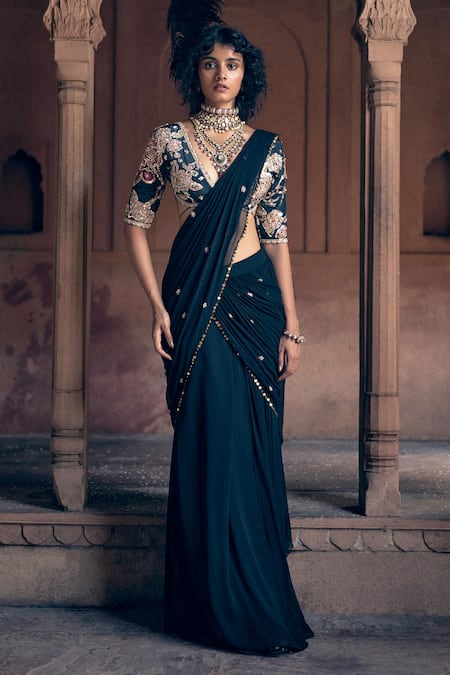 Paulmi and Harsh Black Blouse  Crepe Print Sequins V Hand Embroidered Pre-draped Saree And Set 