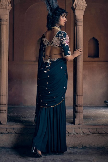 Paulmi And Harsh_Black Georgette, Crepe, Chanderi Sequins, Hand Pre-draped Saree And Blouse Set _Online_at_Aza_Fashions